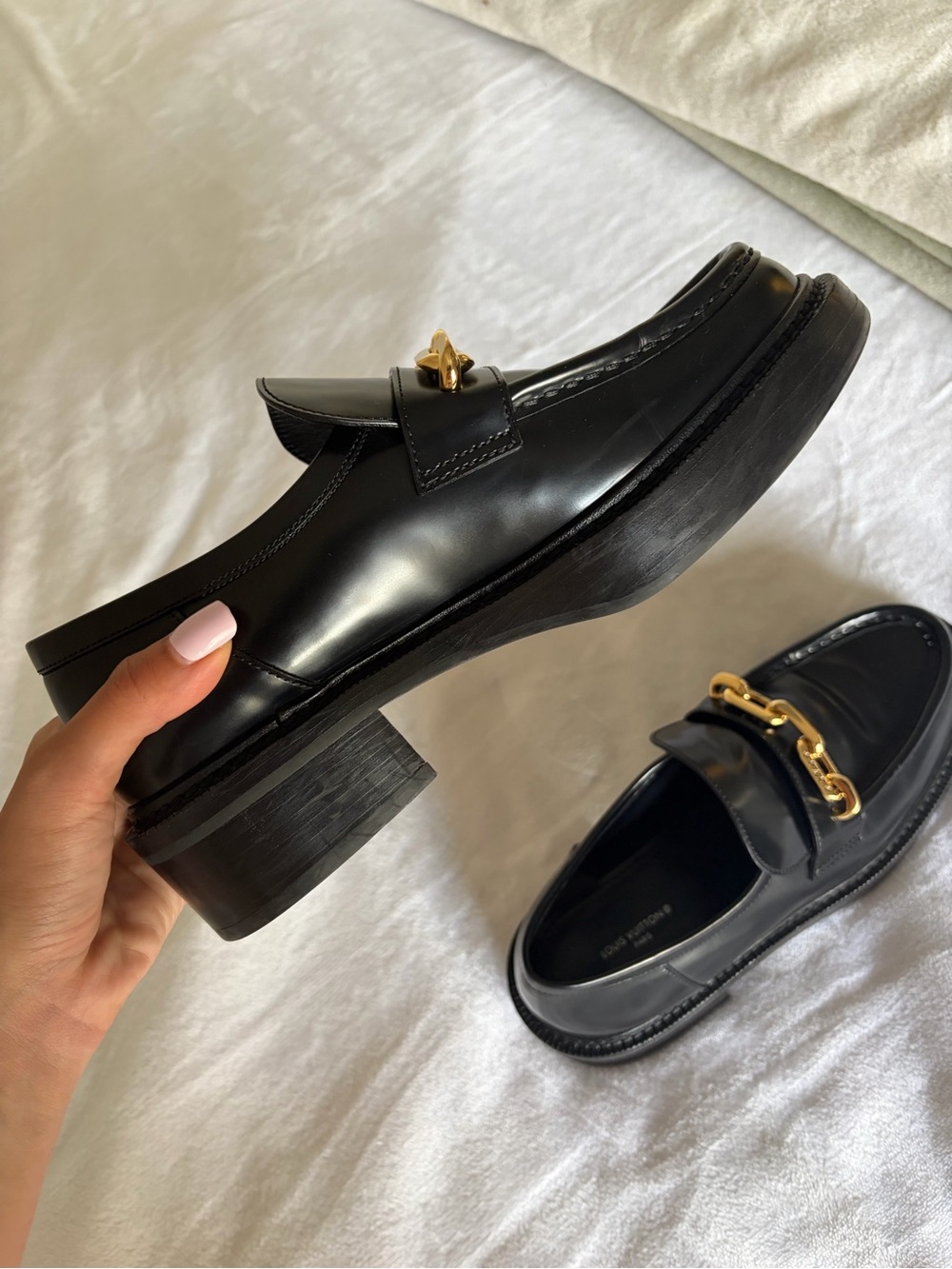 Louis Vuitton Black Leather Loafers with Gold Chain Accent - Picture 4 of 7